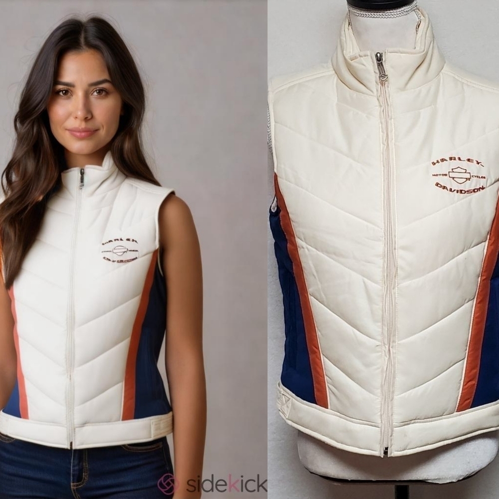 Vintage Harley Davidson Motorcycles Cream Blue Colorblock Full-zip Puffer Vest